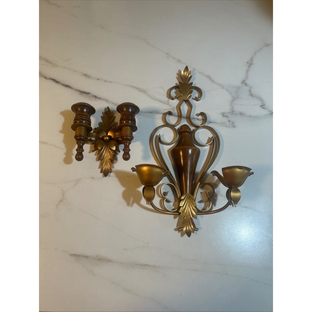 Vintage Gold Metal and Wood Wall Sconce Candle Holder Set Hollywood Regency MCM
